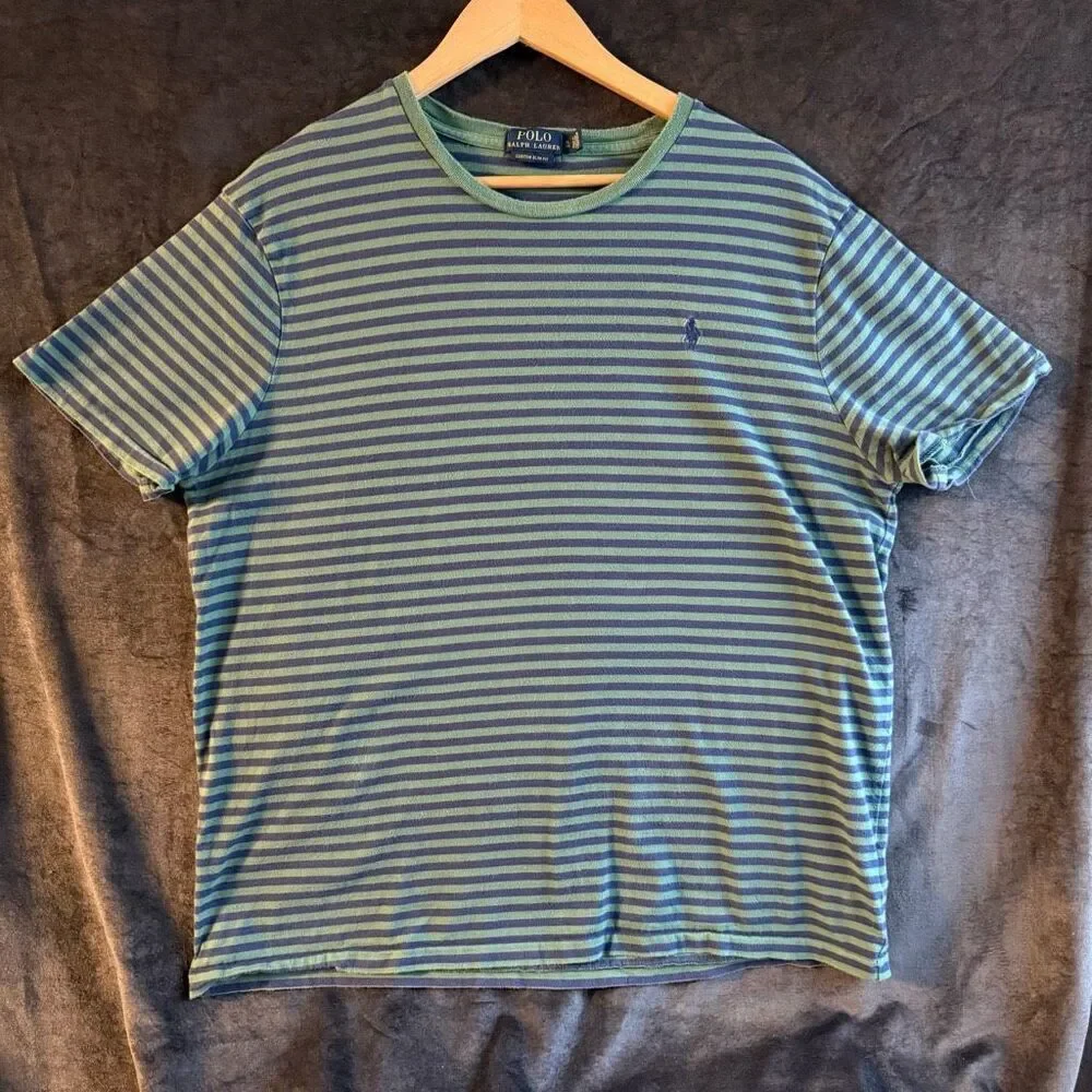 Polo Ralph Lauren Striped Tee Green Navy‎ Custom Slim Fit Mens XL Grunge Nirvana